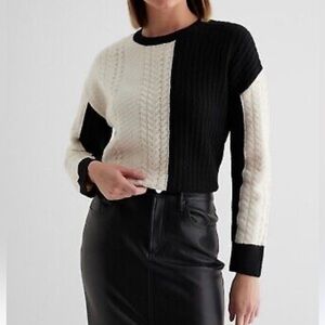 Express Cable Knit Ribbed Color Block Crew Neck Sweater S Black White